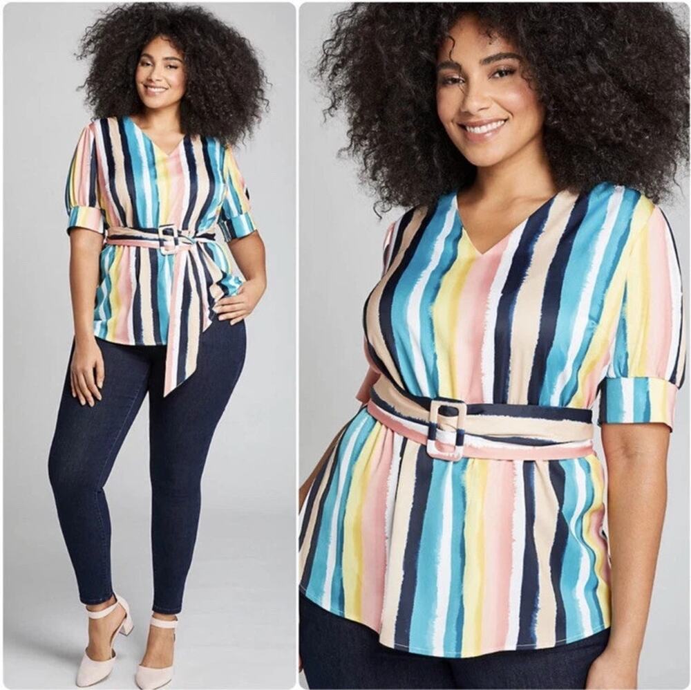 Lane Bryant Women Colorful Satin Top Belted Hampton Stripe Short Sleeve Size 26